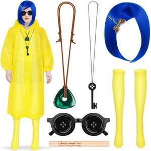 Halloween Cosplay Costume With Blue Wig And Yellow Raincoat Stocking💕
